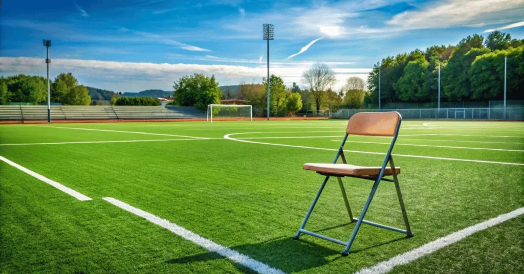 an empty siting chair of school footbal field