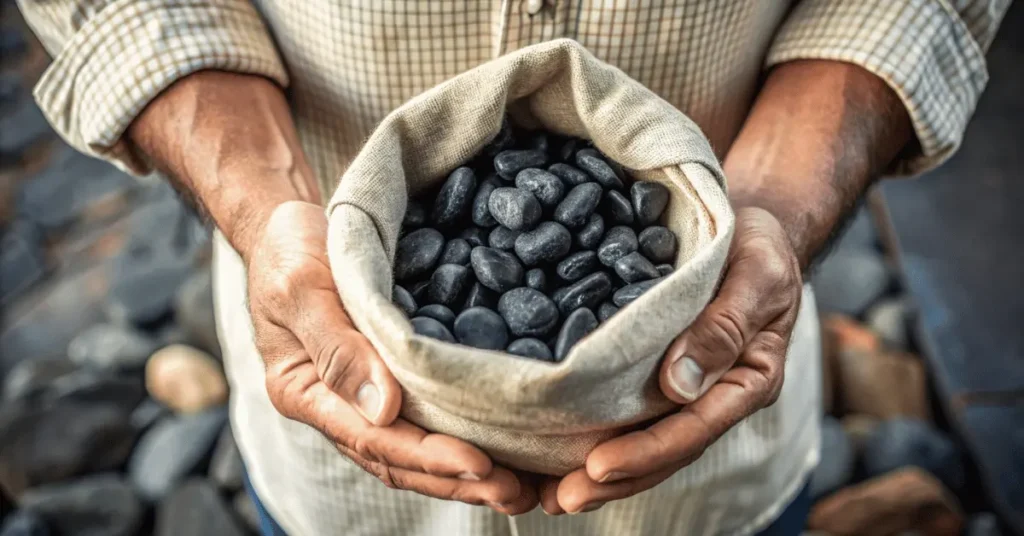 black stones in a cloth bag in a man hand