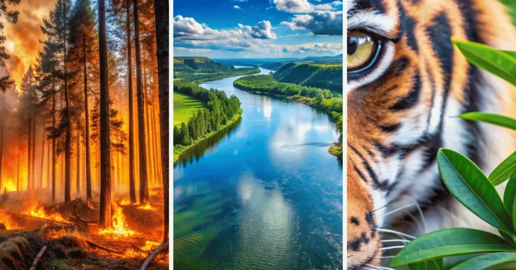fire, river, and tiger