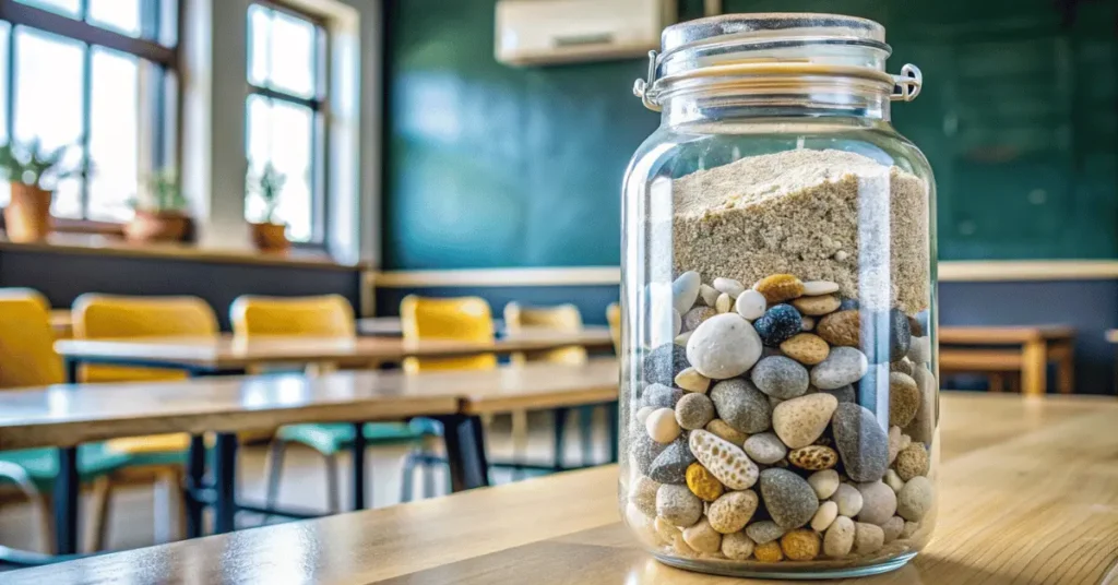 jar filled with stones and beach sand