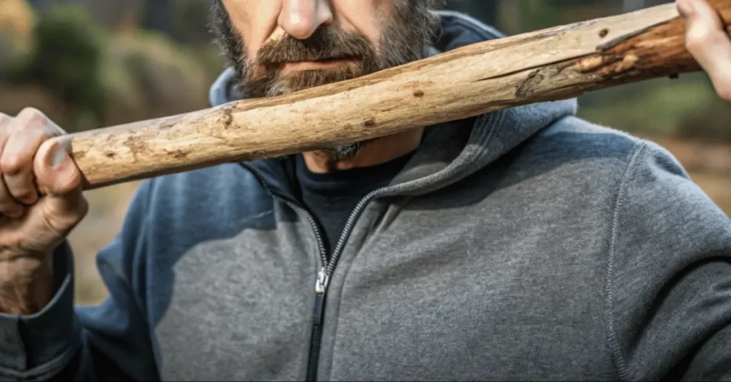 man has a big and thick stick in his hand