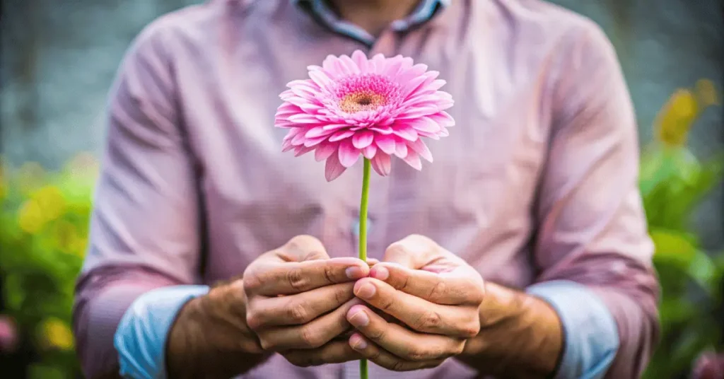 man holding single pink flower on his hand 