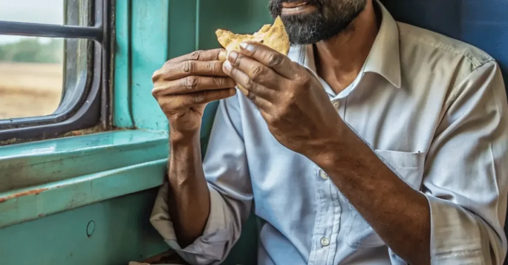 man is sitting in a train and eating roti in his tiffin