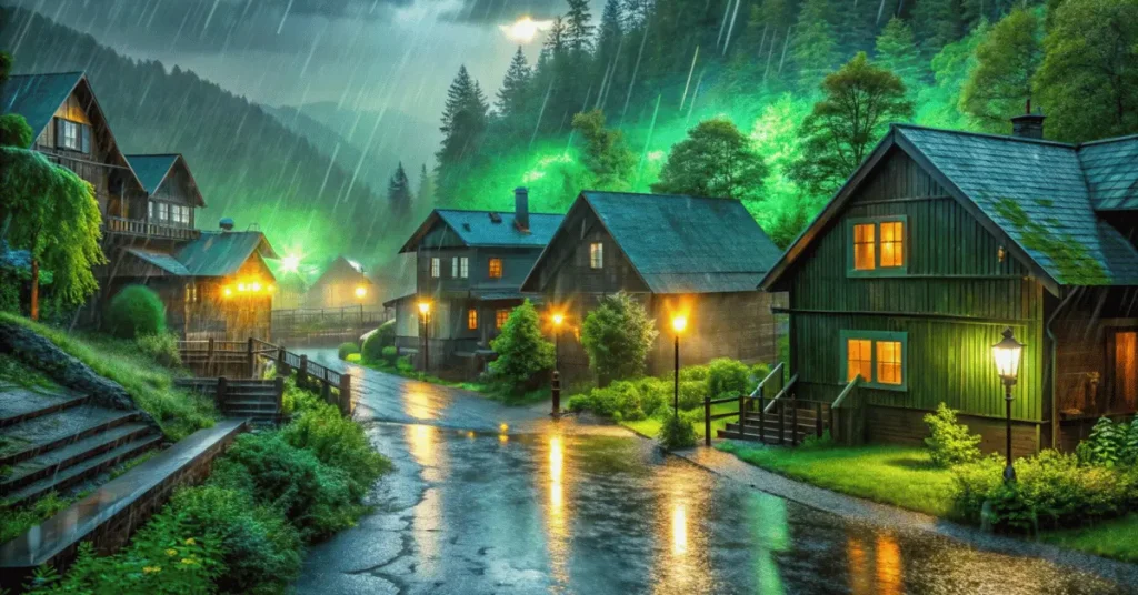 rain in night time in a greenary village