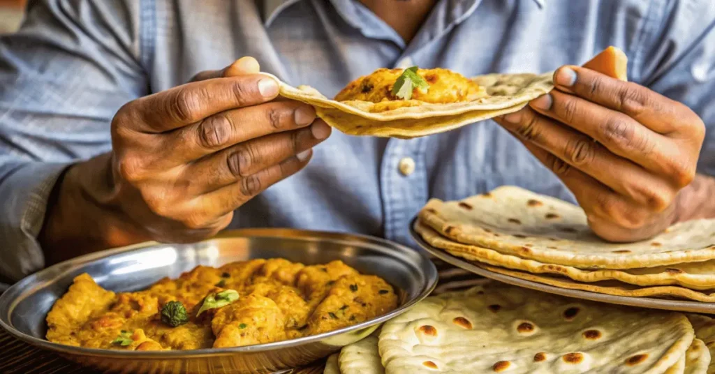 some chapattis on a plate, and a man is eating them