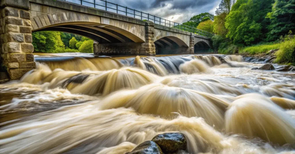 water flowing fast under a bridge