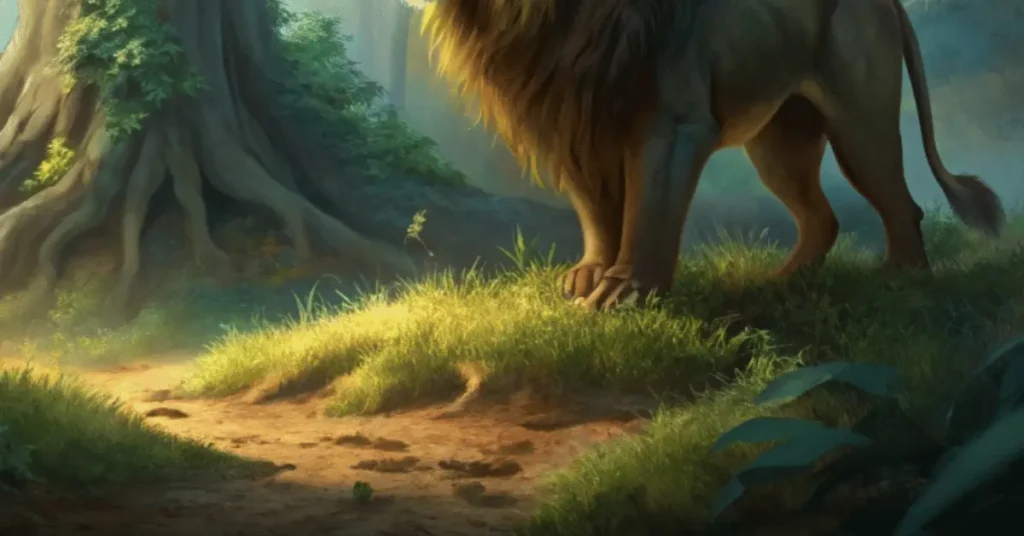 A lion is standing under a big tree in the forest