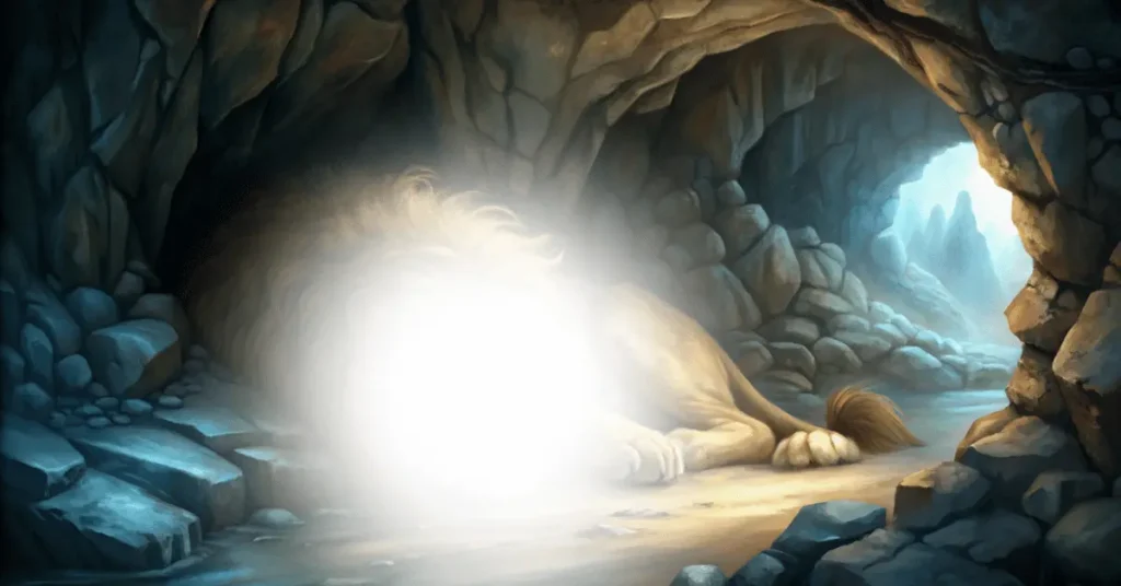 The lion is sleeping in a cave
