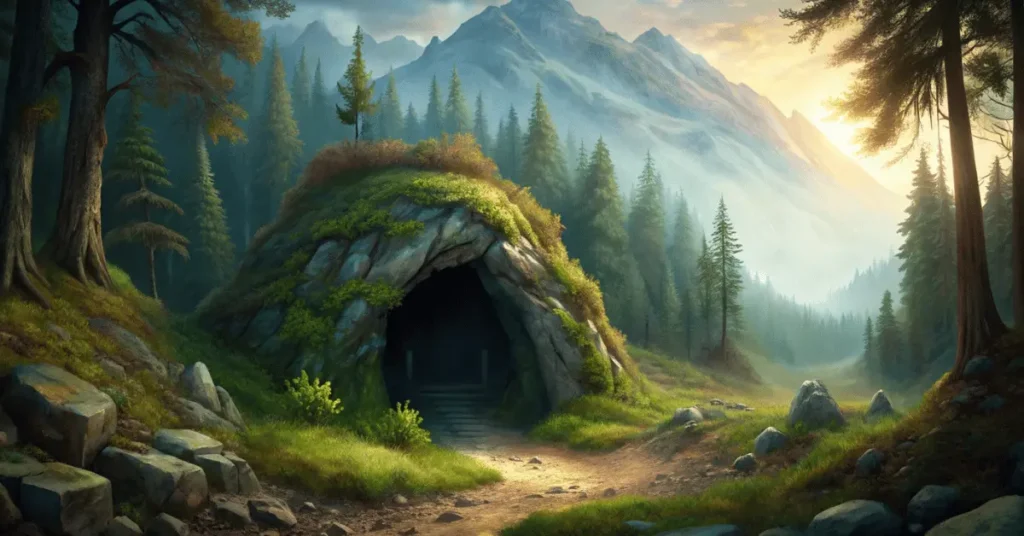 There is a cave in a forest on a mountain