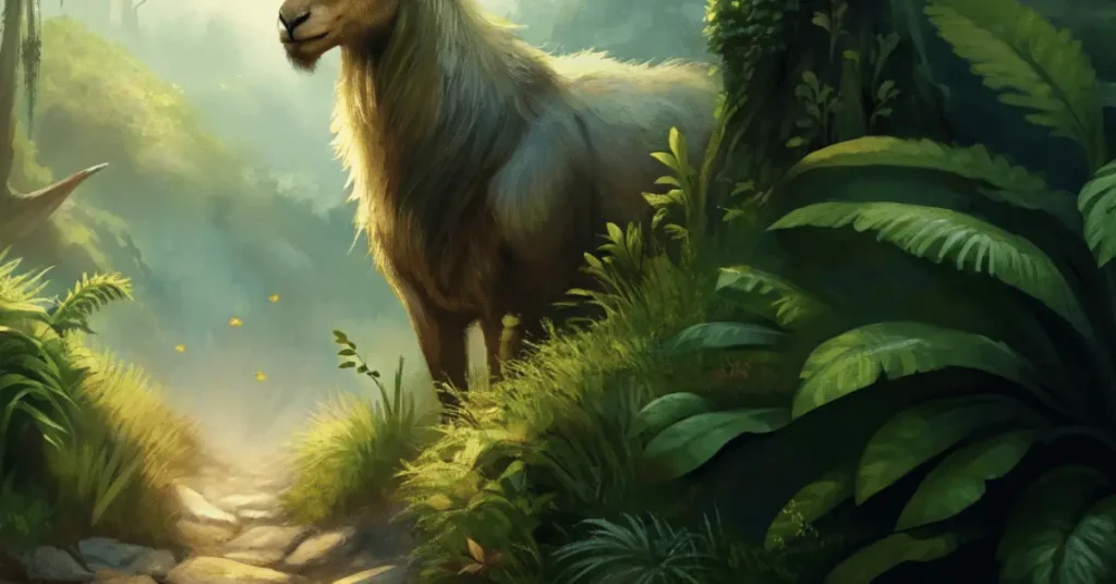 a goat in a dense forest.