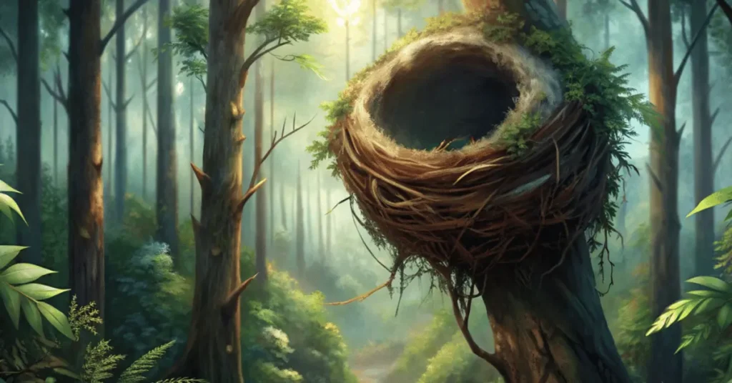 A bird nests in a forest