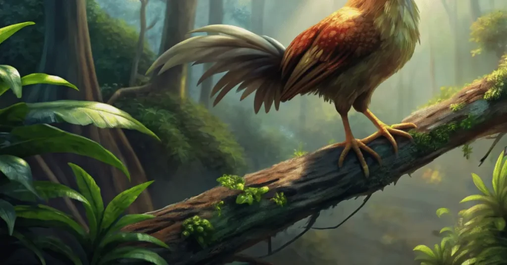 A chicken on a tree in a jungle