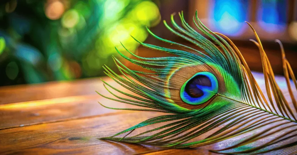 A peacock feather placed on a table