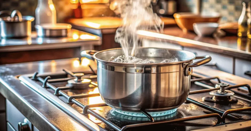  a bowl of water is boiling on stove