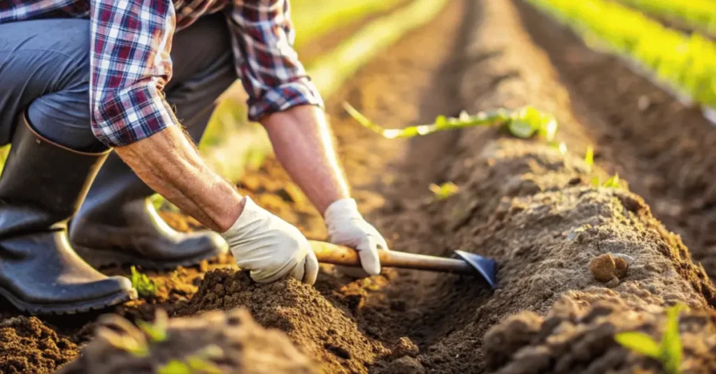 A farmer is digging small pits in his field