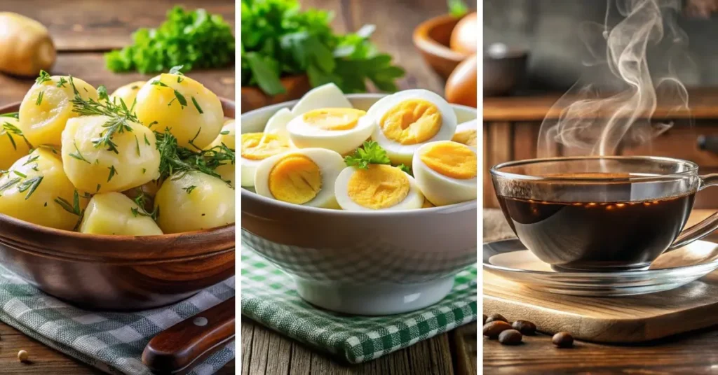  boiled potatoes, eggs, and coffee beans