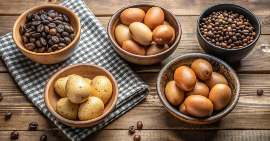 potatoes, eggs, and coffee beans